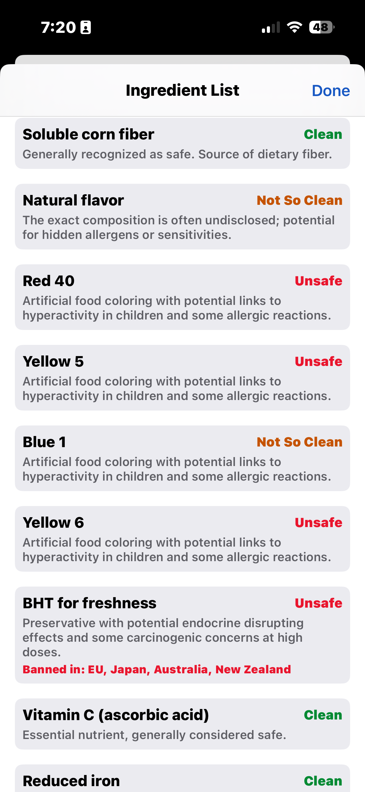 Detailed Ingredient Analysis Screenshot